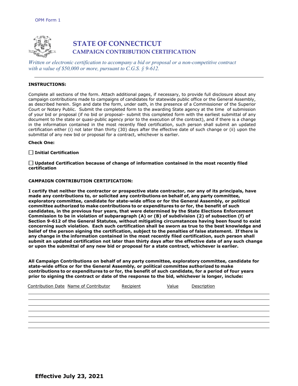 OPM Form 1 Campaign Contribution Certification - Connecticut, Page 1