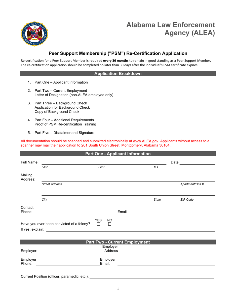 Peer Support Membership (psm) Re-certification Application - Alabama, Page 1