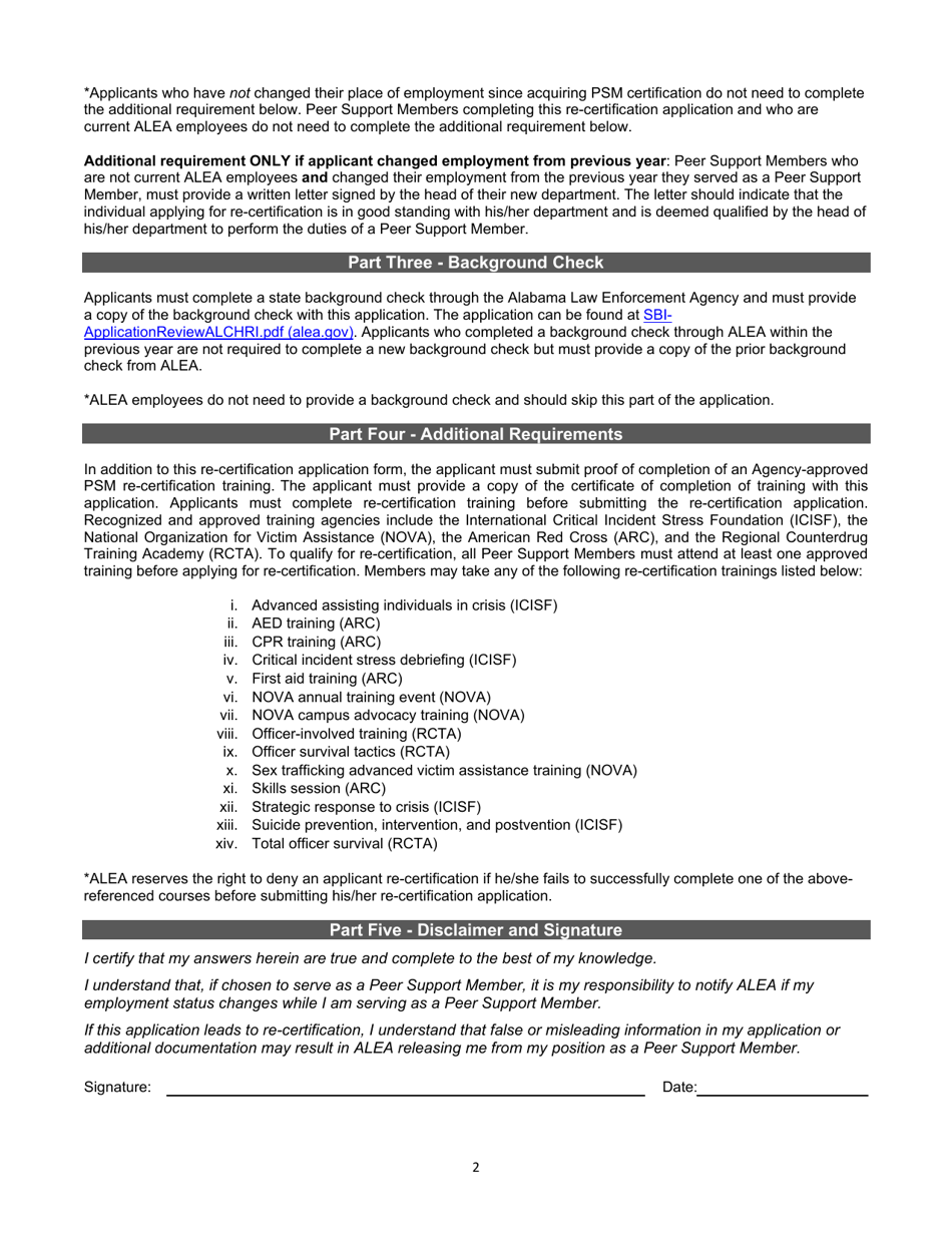 Peer Support Membership (psm) Re-certification Application - Alabama, Page 2