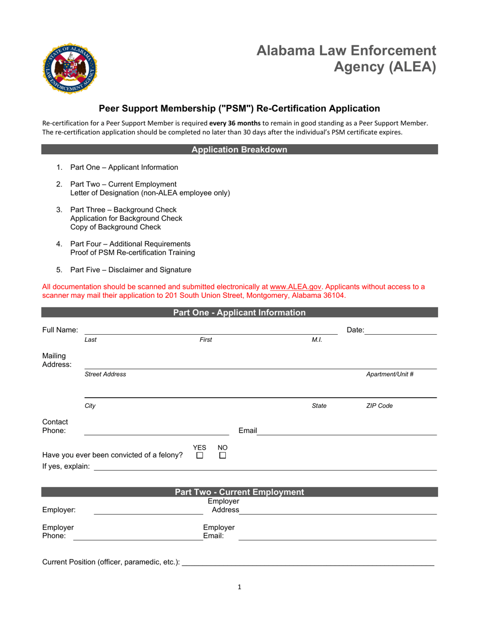 Alabama Peer Support Membership ("psm") Recertification Application
