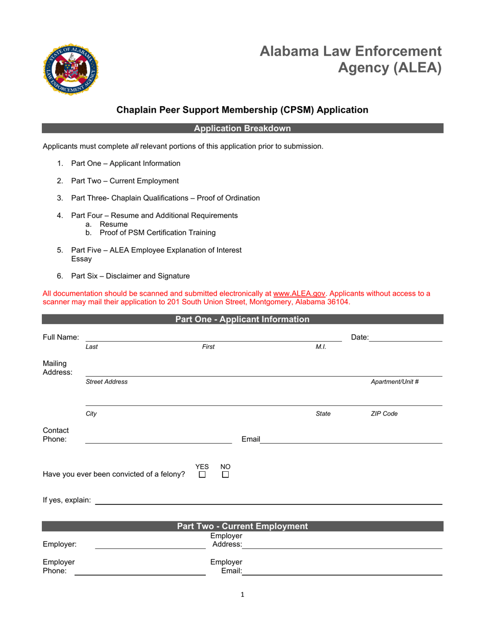 Chaplain Peer Support Membership (Cpsm) Application - Alabama, Page 1