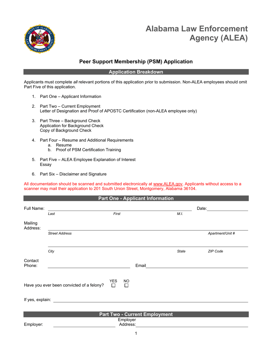 Alabama Peer Support Membership (Psm) Application Fill Out, Sign