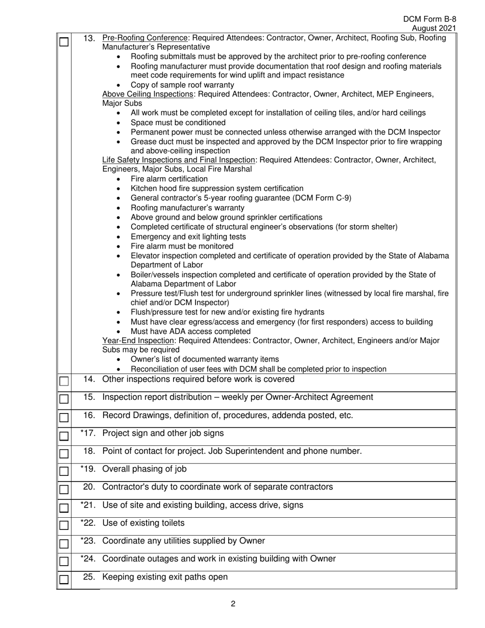 DCM Form B-8 Pre-construction Conference Checklist - Alabama, Page 2
