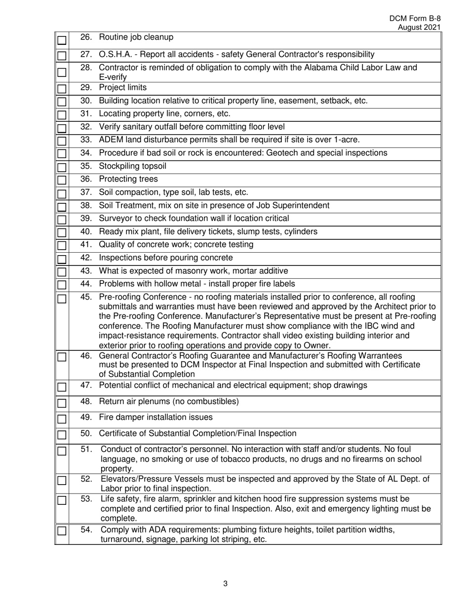 DCM Form B-8 Pre-construction Conference Checklist - Alabama, Page 3
