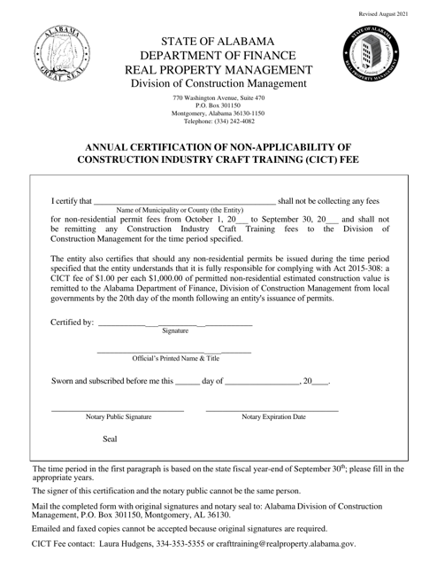Annual Certification of Non-applicability of Construction Industry Craft Training (Cict) Fee - Alabama Download Pdf