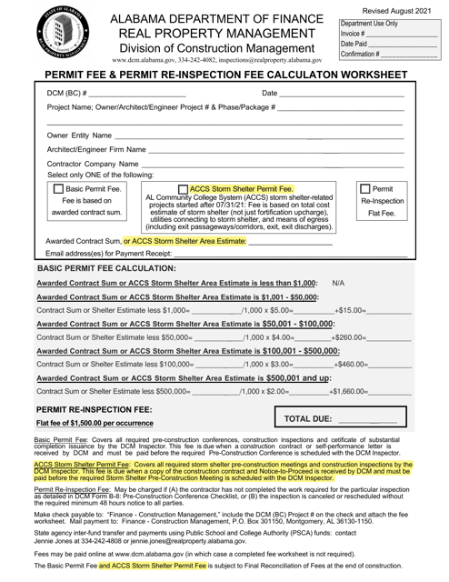 Permit Fee & Permit Re-inspection Fee Calculaton Worksheet - Alabama Download Pdf