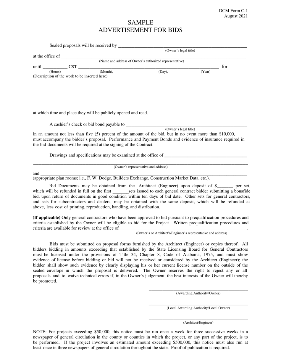 DCM Form C-1 Sample Advertisement for Bids - Alabama, Page 1