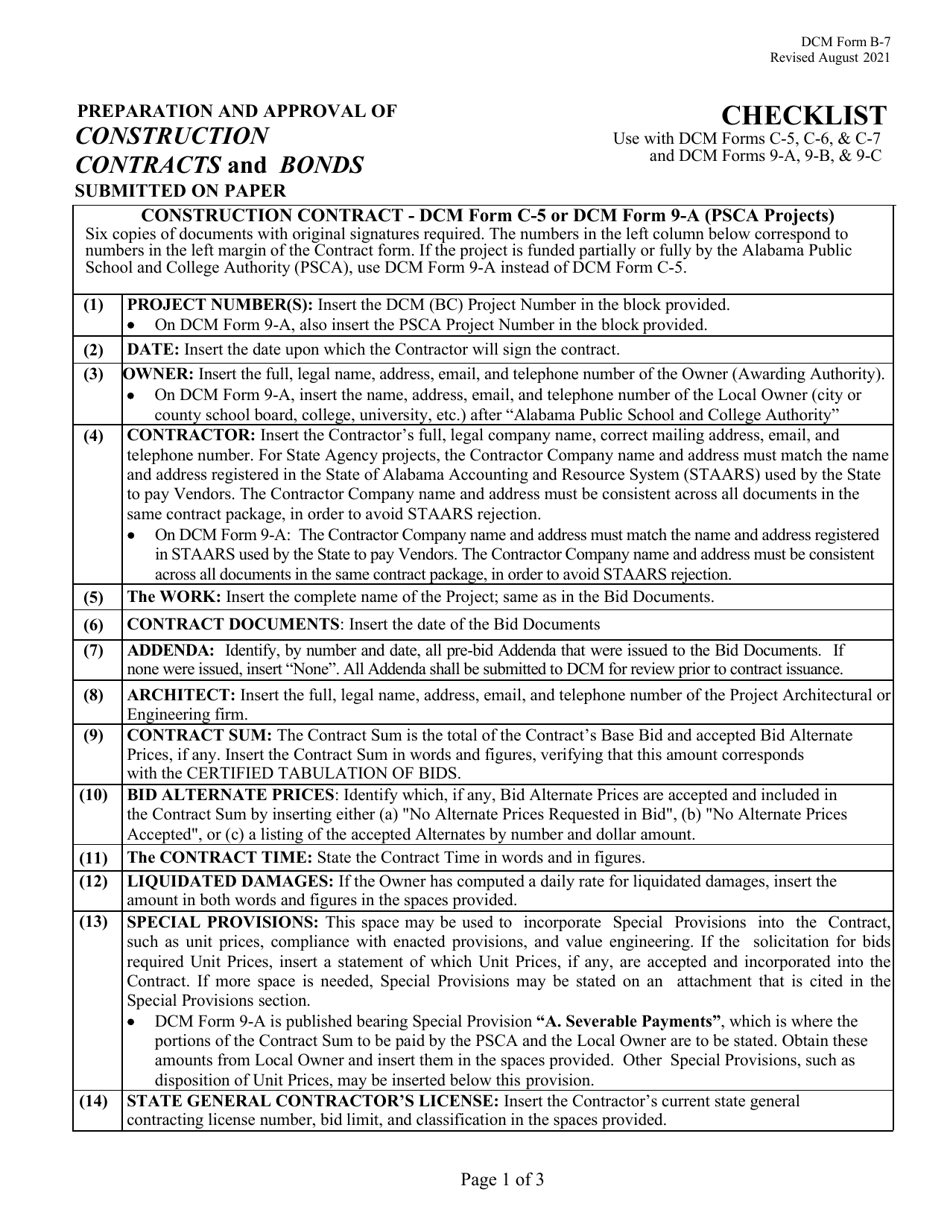 DCM Form B-7 Checklist - Preparation and Approval of Construction Contracts and Bonds Submitted on Paper - Alabama, Page 1