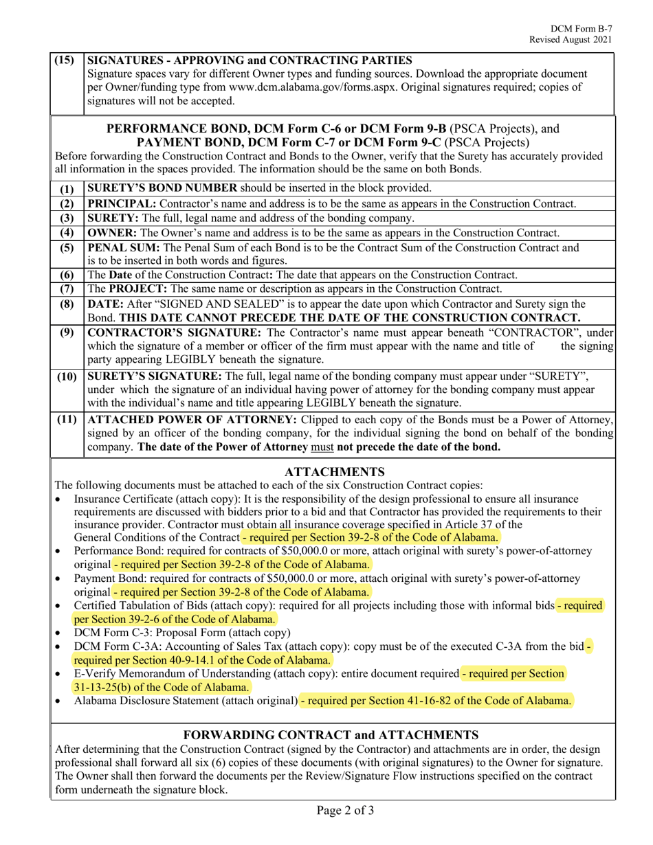 DCM Form B-7 Checklist - Preparation and Approval of Construction Contracts and Bonds Submitted on Paper - Alabama, Page 2