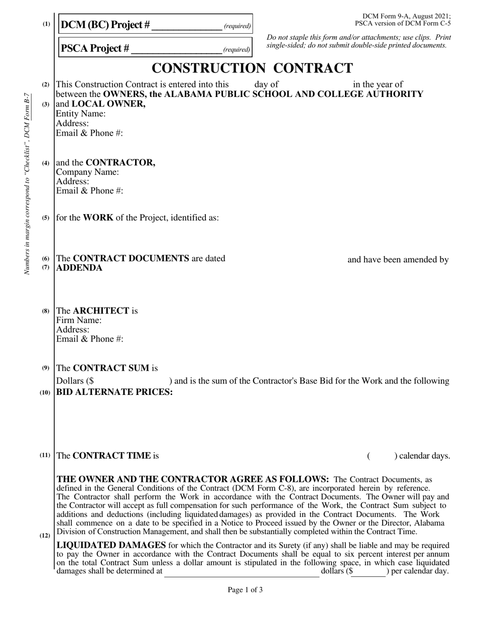 DCM Form 9-A Construction Contract - Alabama, Page 1