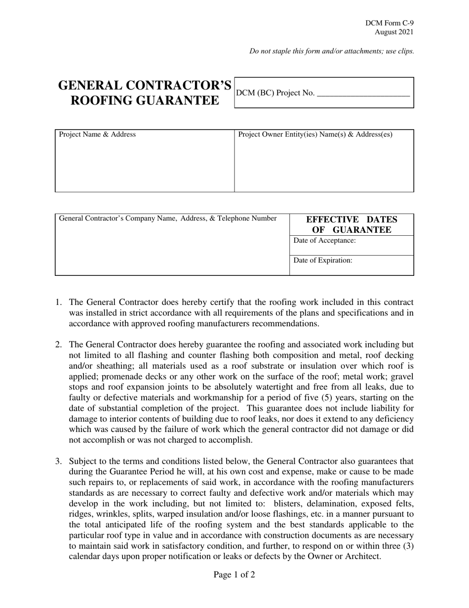 DCM Form C-9 General Contractors Roofing Guarantee - Alabama, Page 1