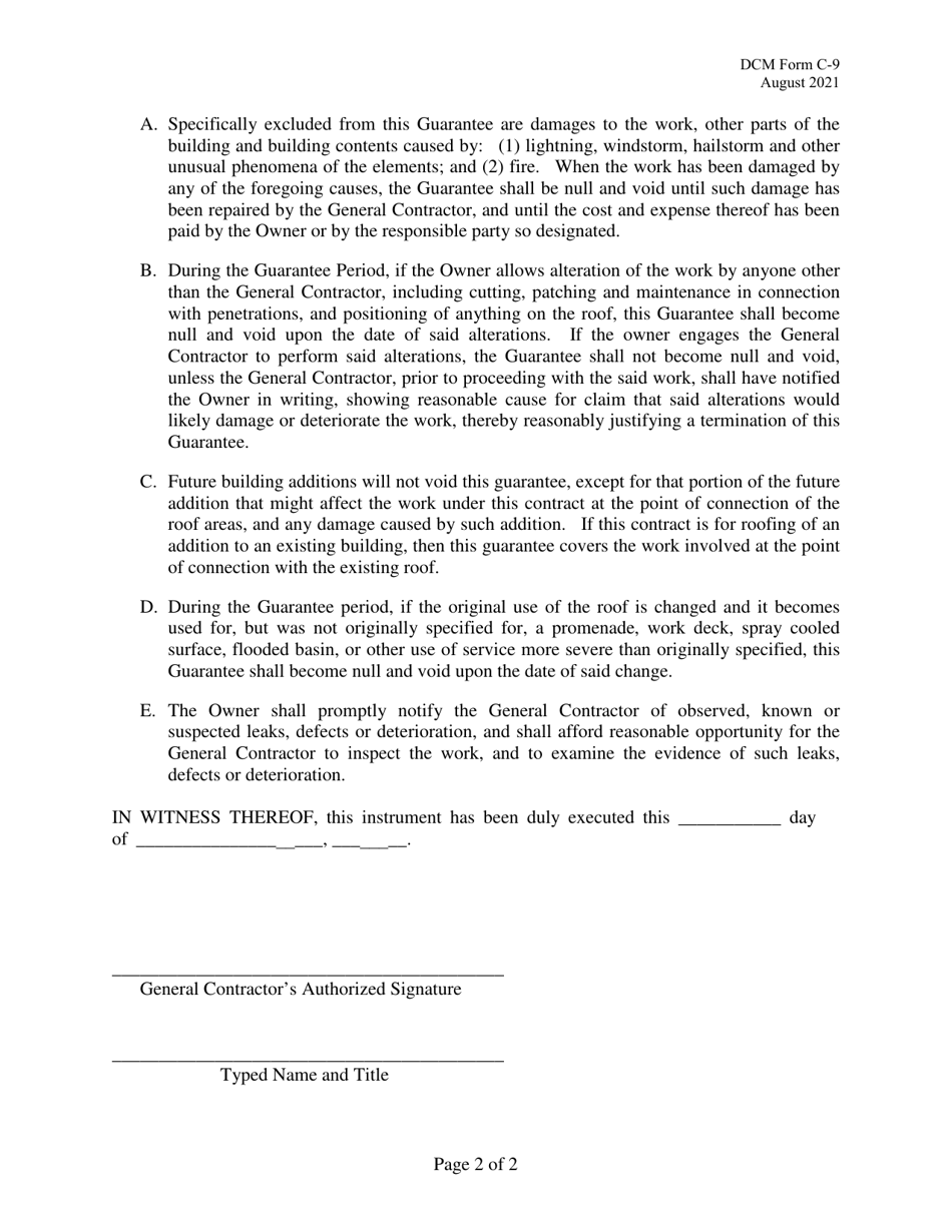 DCM Form C-9 General Contractors Roofing Guarantee - Alabama, Page 2