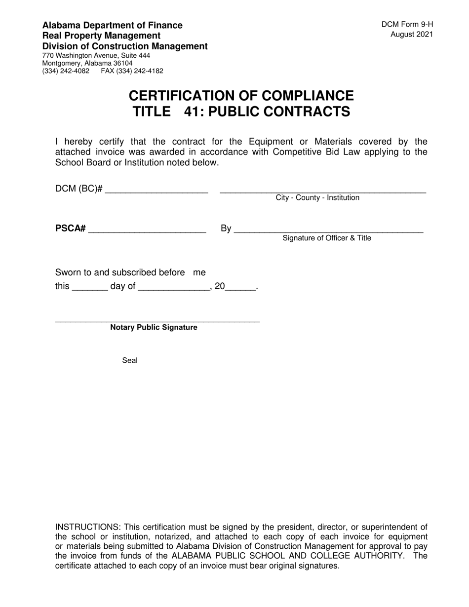 DCM Form 9-H Certification of Compliance; Title 41: Public Contracts - Alabama, Page 1