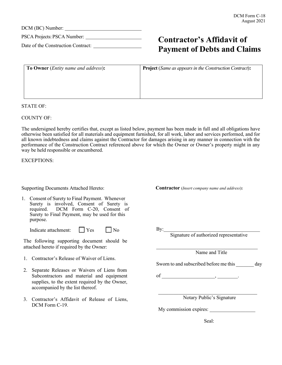 DCM Form C-18 Contractor's Affidavit of Payment of Debts  Claims - Alabama, Page 1