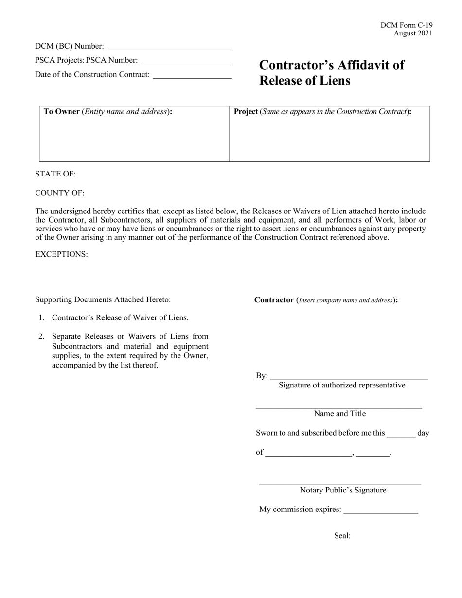 DCM Form C-19 Contractors Affidavit of Release of Liens - Alabama, Page 1