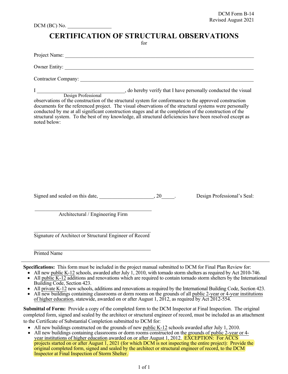 DCM Form B-14 Certification of Structural Observations - Alabama, Page 1