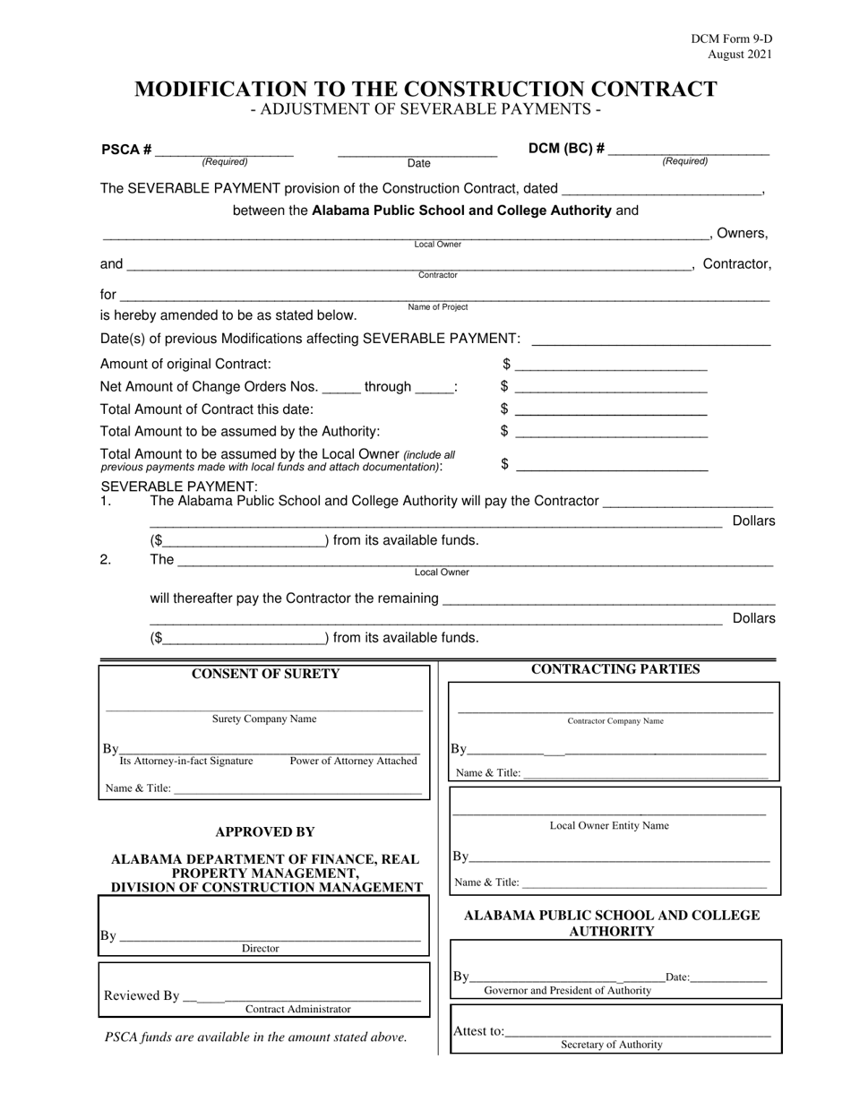DCM Form 9-D Modification to the Construction Contract - Adjustment of Severable Payment - Alabama, Page 1