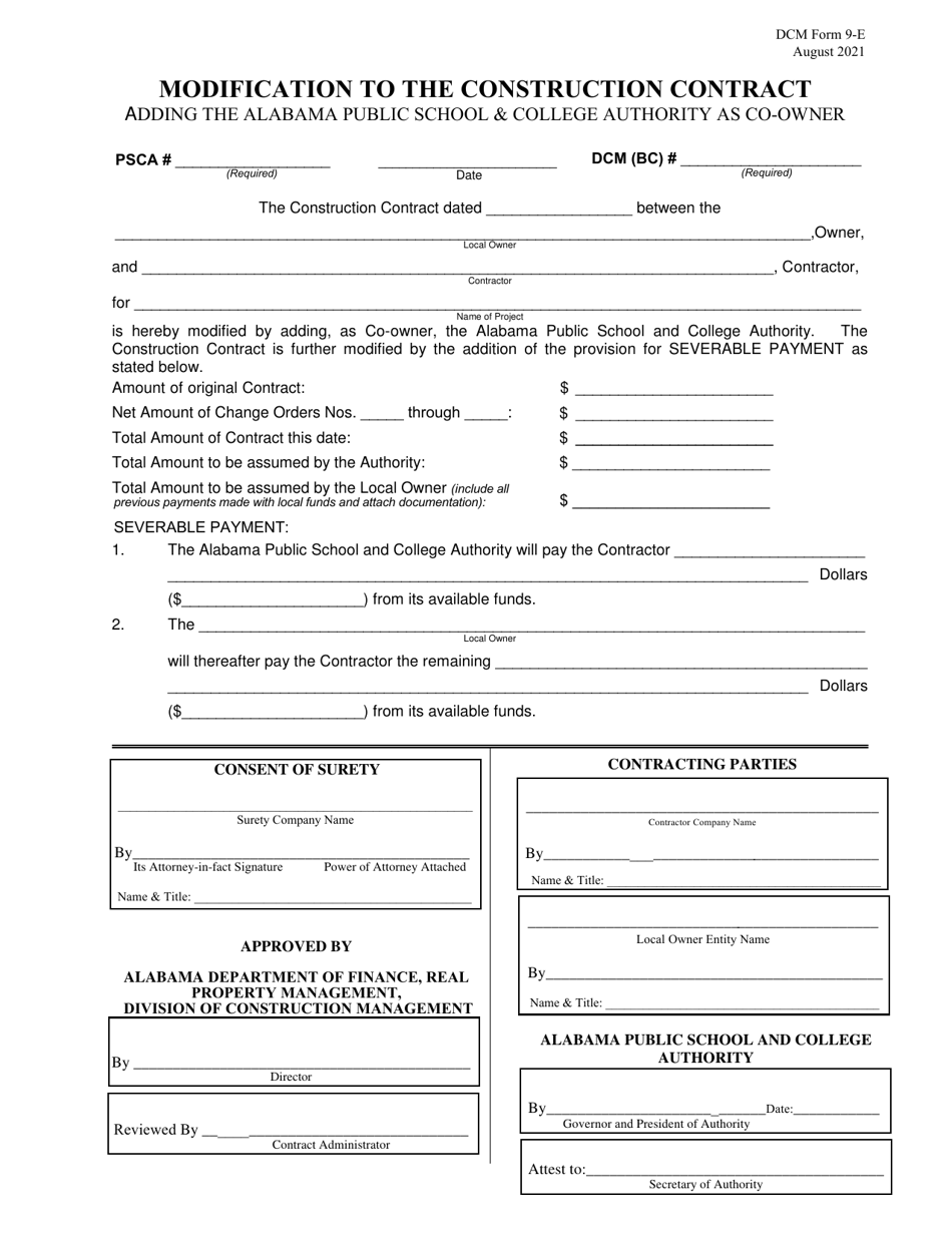 DCM Form 9-E Modification to the Construction Contract Adding the Alabama Public School  College Authority as Co-owner - Alabama, Page 1
