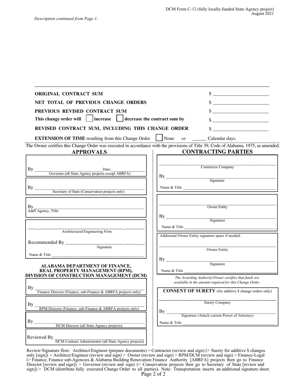 DCM Form C-12 Contract Change Order - Fully Locally-Funded State Agency Project - Alabama, Page 2