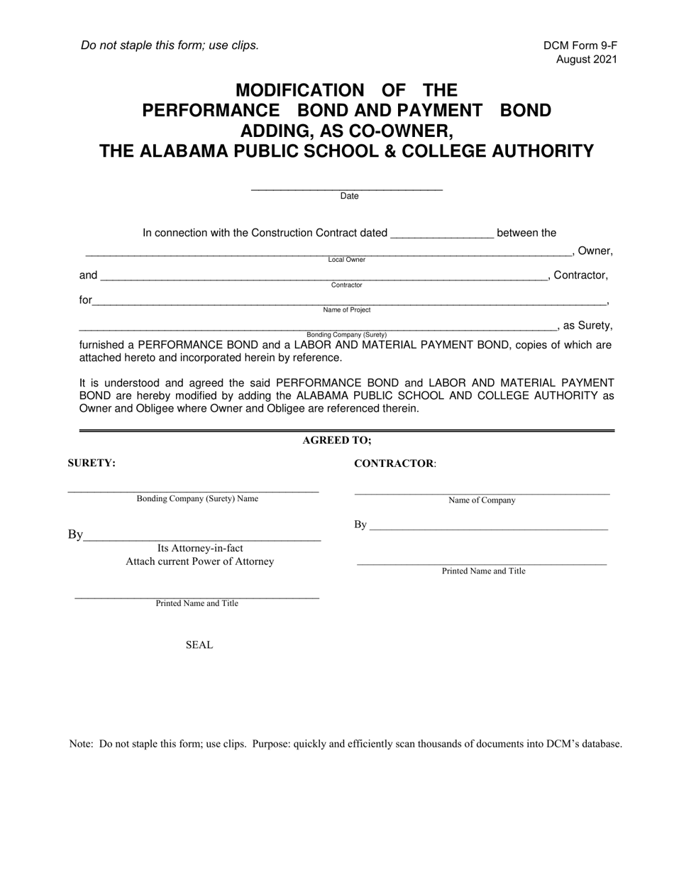DCM Form 9-F Modification of the Performance Bond and Payment Bond Adding, as Co-owner, the Alabama Public School  College Authority - Alabama, Page 1