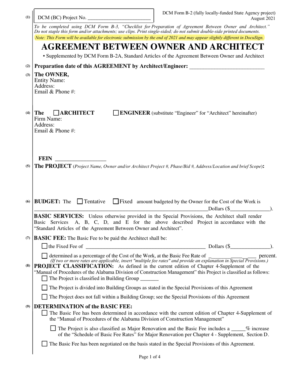 DCM Form B-2 Agreement Between Owner and Architect - Fully Locally-Funded State Agency Project - Alabama, Page 1
