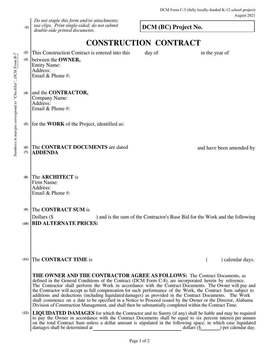 DCM Form C-5 Construction Contract - Fully Locally-Funded Public K-12 School Project - Alabama, Page 1