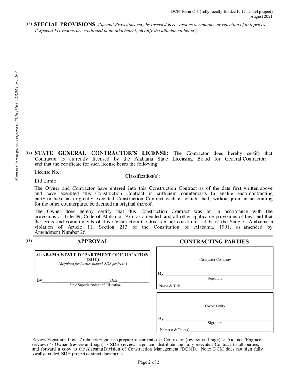DCM Form C-5 Construction Contract - Fully Locally-Funded Public K-12 School Project - Alabama, Page 2