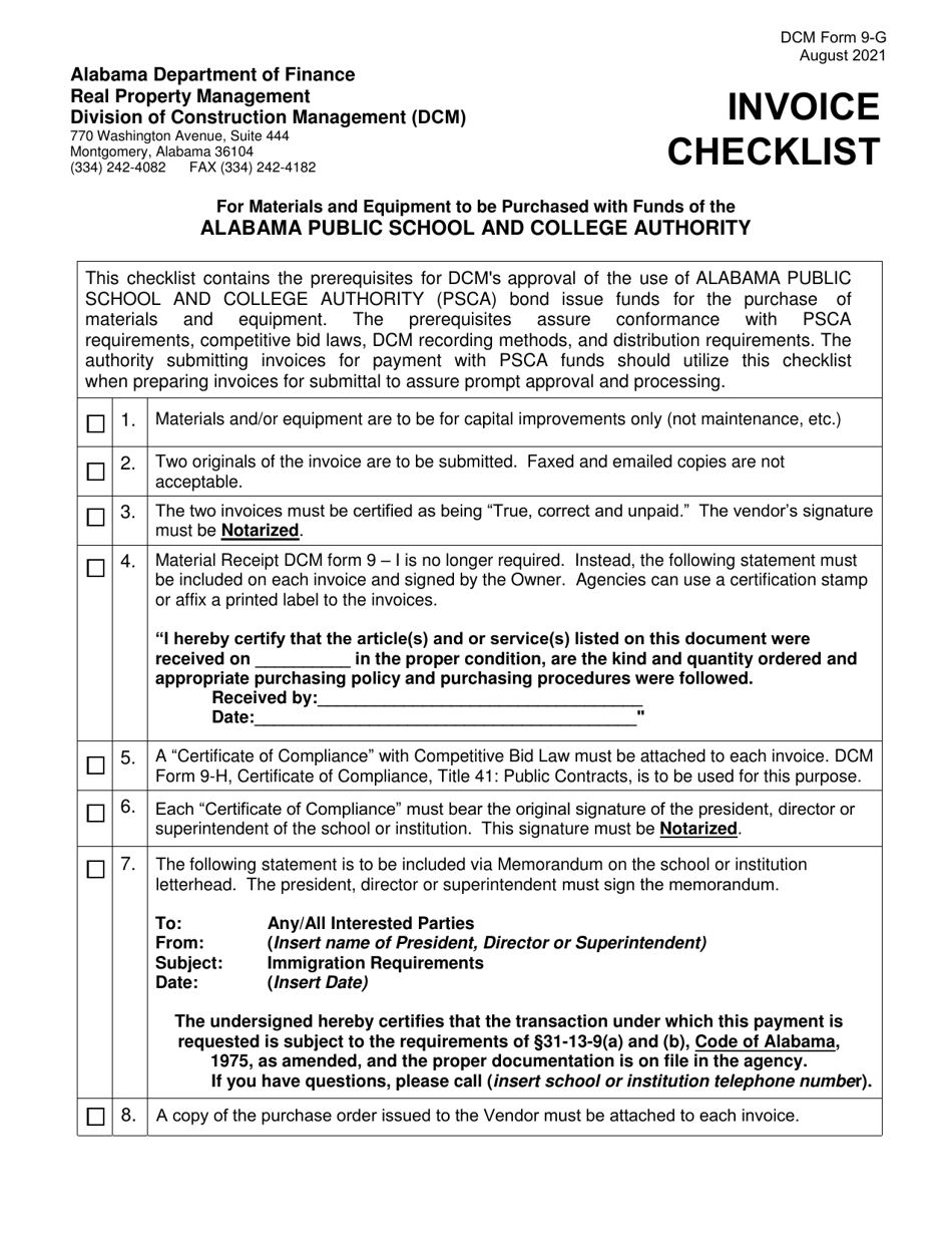 DCM Form 9-G Invoice Checklist for Materials and Equipment to Be Purchased With Funds of the Alabama Public School and College Authority - Alabama, Page 1