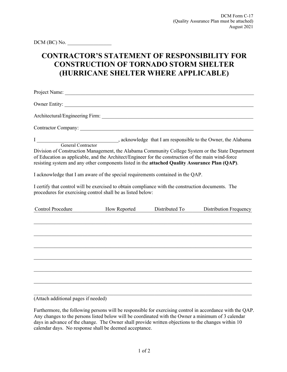 DCM Form C-17 Contractors Statement of Responsibility for Construction of Tornado Storm Shelter (Hurricane Shelter Where Applicable) - Alabama, Page 1
