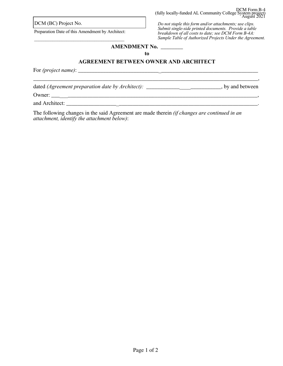 DCM Form B-4 Amendment to Agreement Between Owner and Architect - Fully Locally-Funded Al Community College System Project - Alabama, Page 1