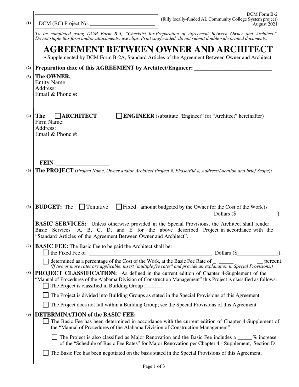 DCM Form B-2 Agreement Between Owner and Architect - Fully Locally-Funded Al Community College System Project - Alabama, Page 1
