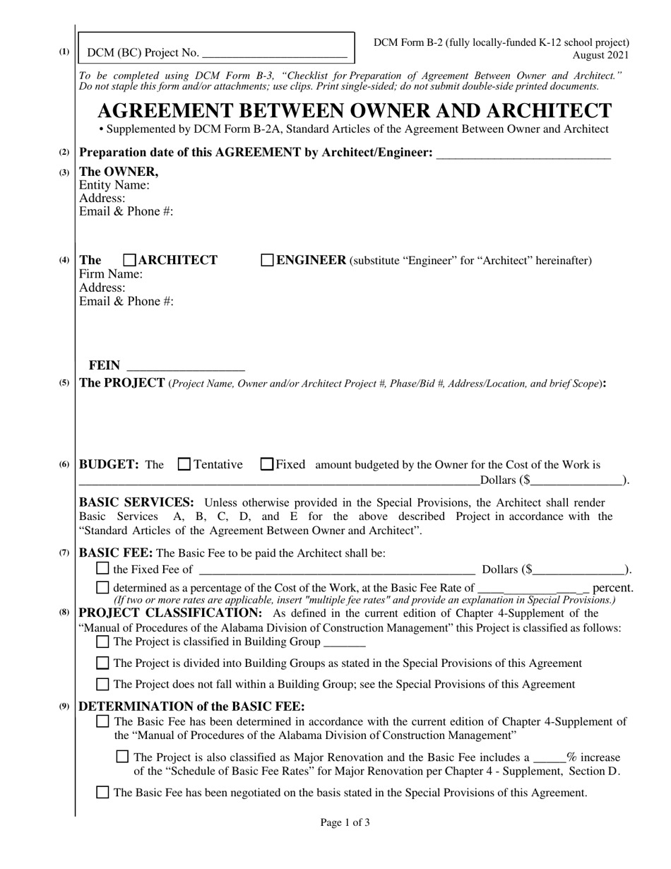 DCM Form B-2 Agreement Between Owner and Architect - Fully Locally-Funded Public K-12 School Project - Alabama, Page 1
