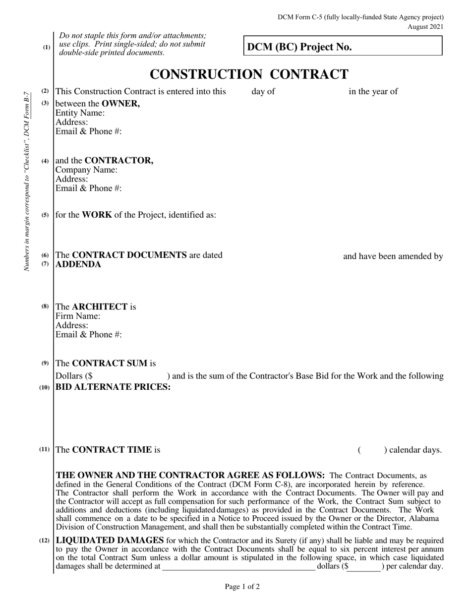 DCM Form C-5 Construction Contract - Fully Locally-Funded State Agency Project - Alabama, Page 1