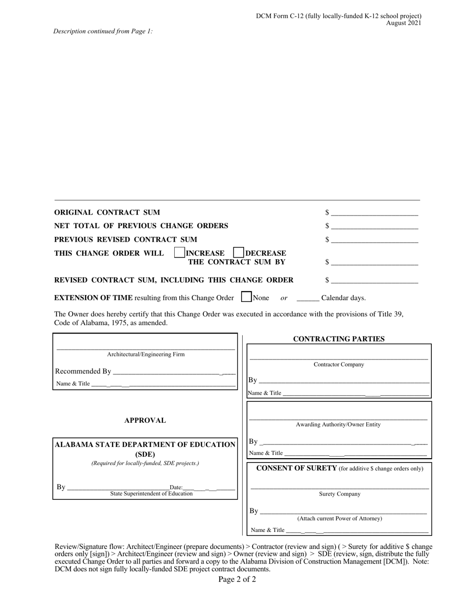 DCM Form C-12 Contract Change Order - Fully Locally-Funded Public K-12 School Project - Alabama, Page 2