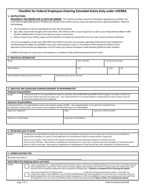 Checklist for Federal Employees Entering Extended Active Duty Under Userra - Hawaii Download Pdf