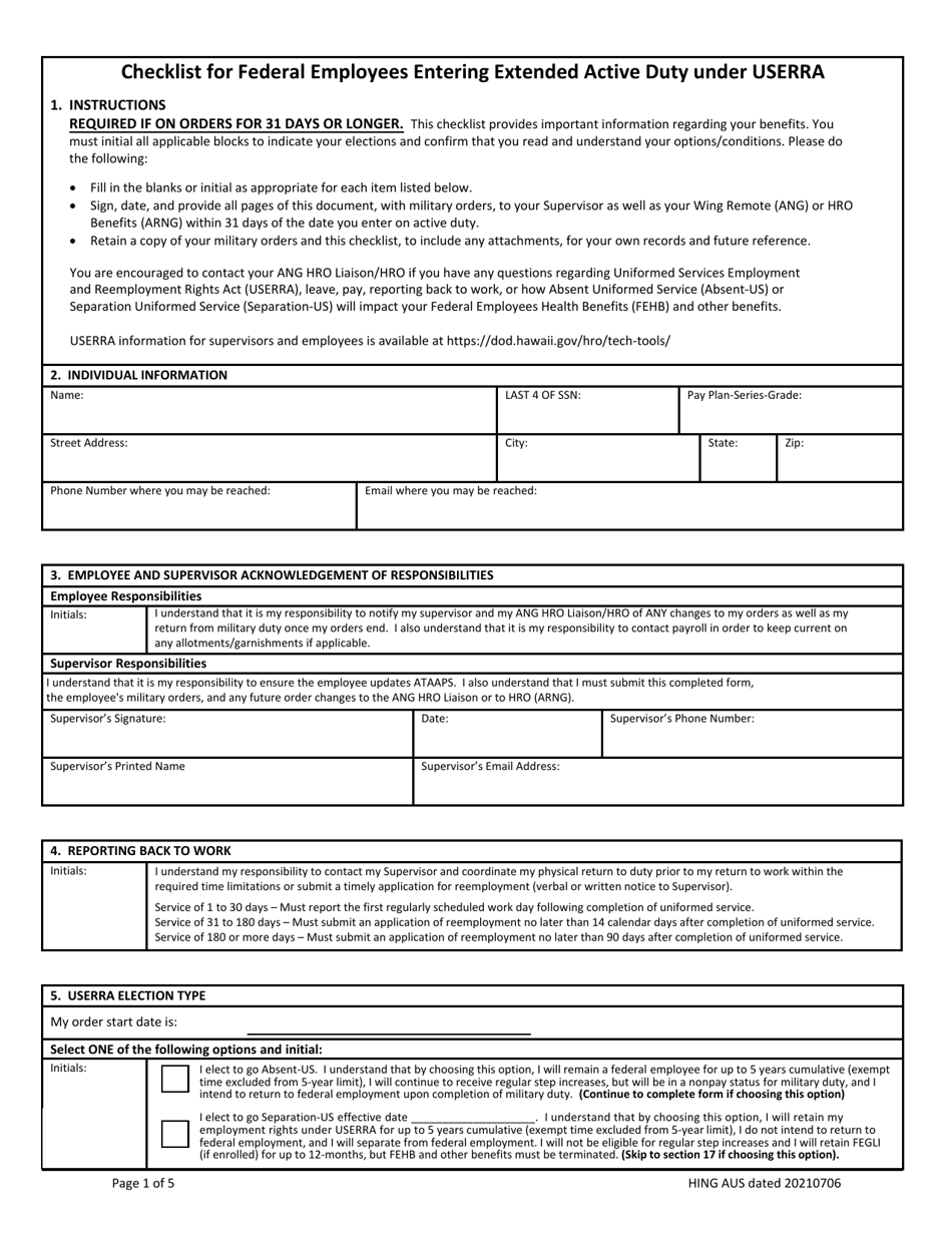 Checklist for Federal Employees Entering Extended Active Duty Under Userra - Hawaii, Page 1