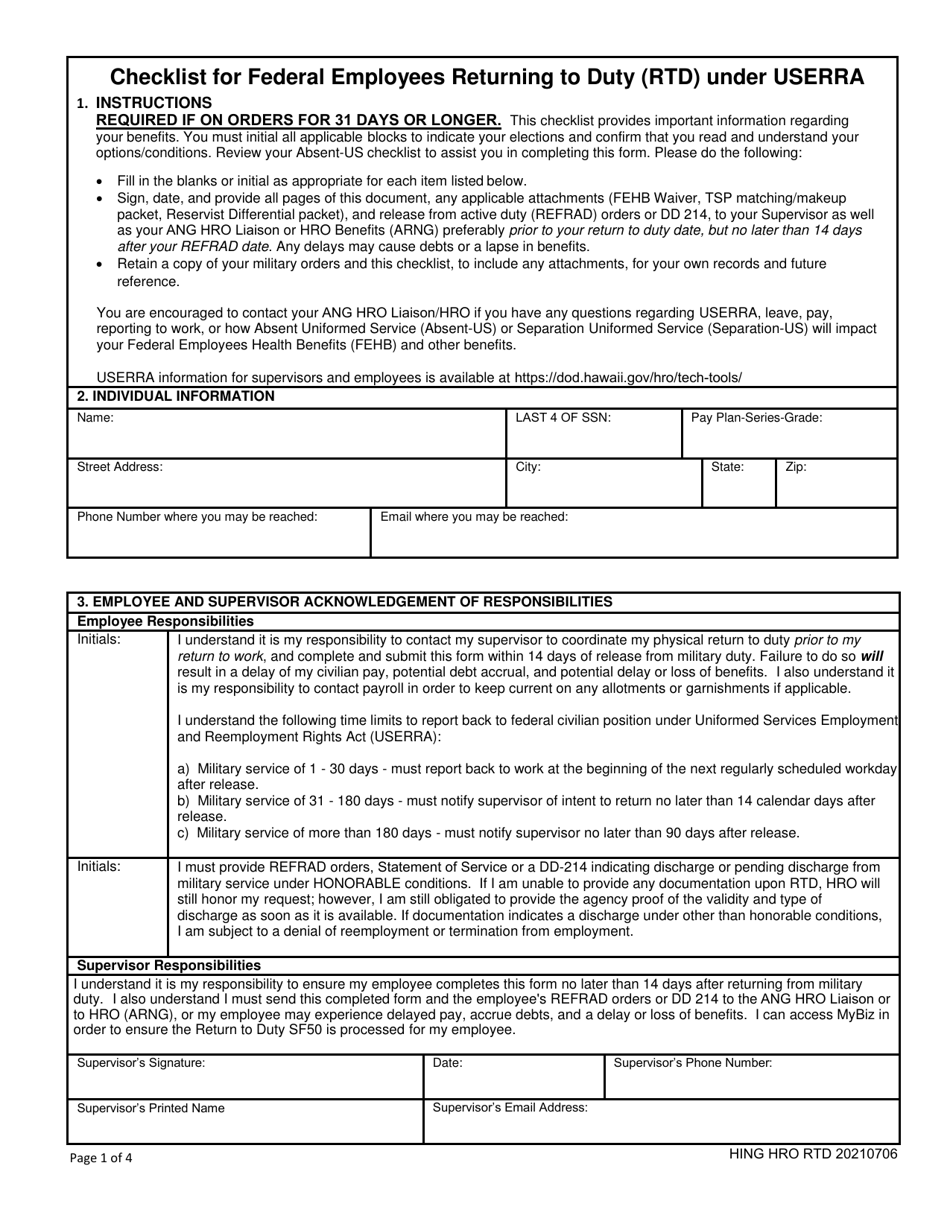 Checklist for Federal Employees Returning to Duty (Rtd) Under Userra - Hawaii, Page 1