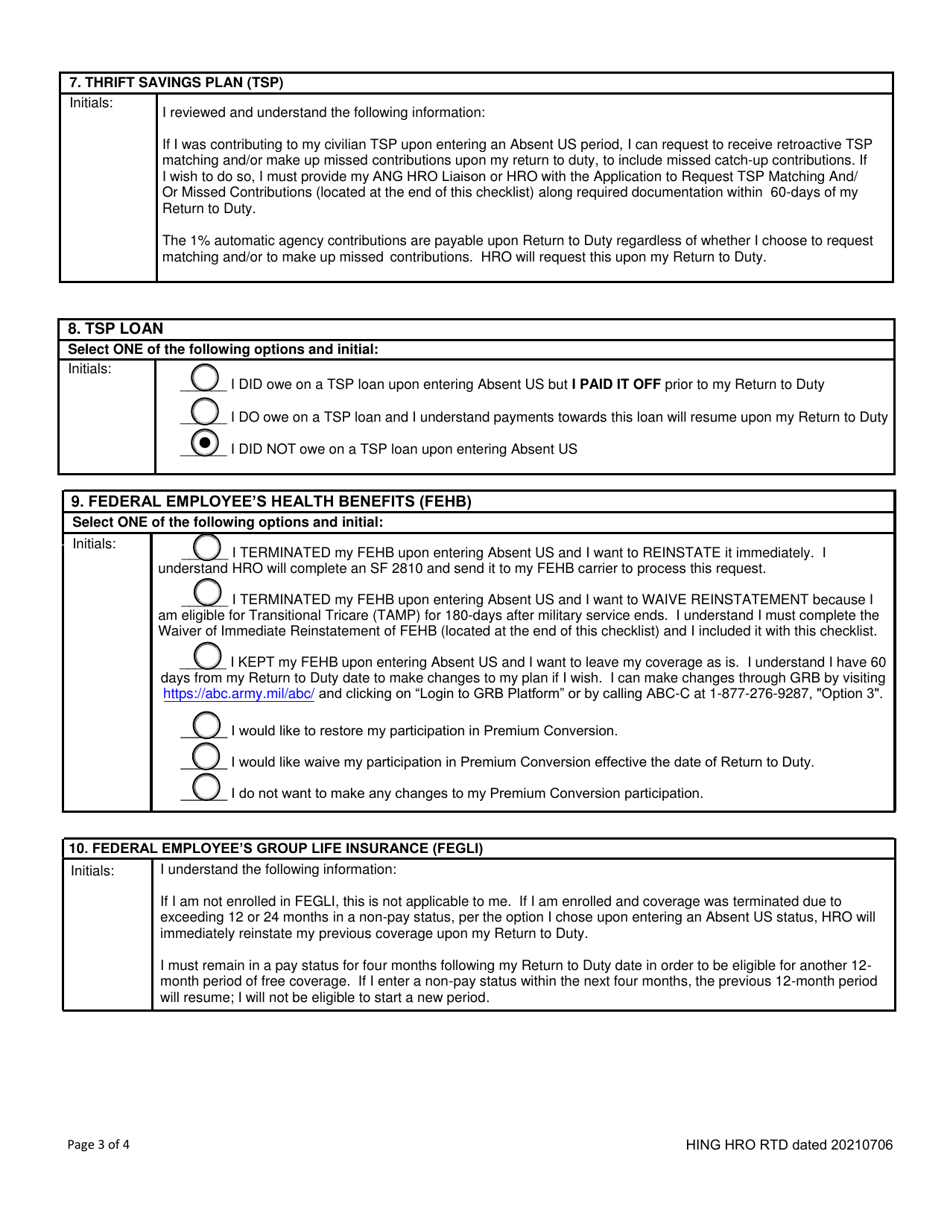 Checklist for Federal Employees Returning to Duty (Rtd) Under Userra - Hawaii, Page 3