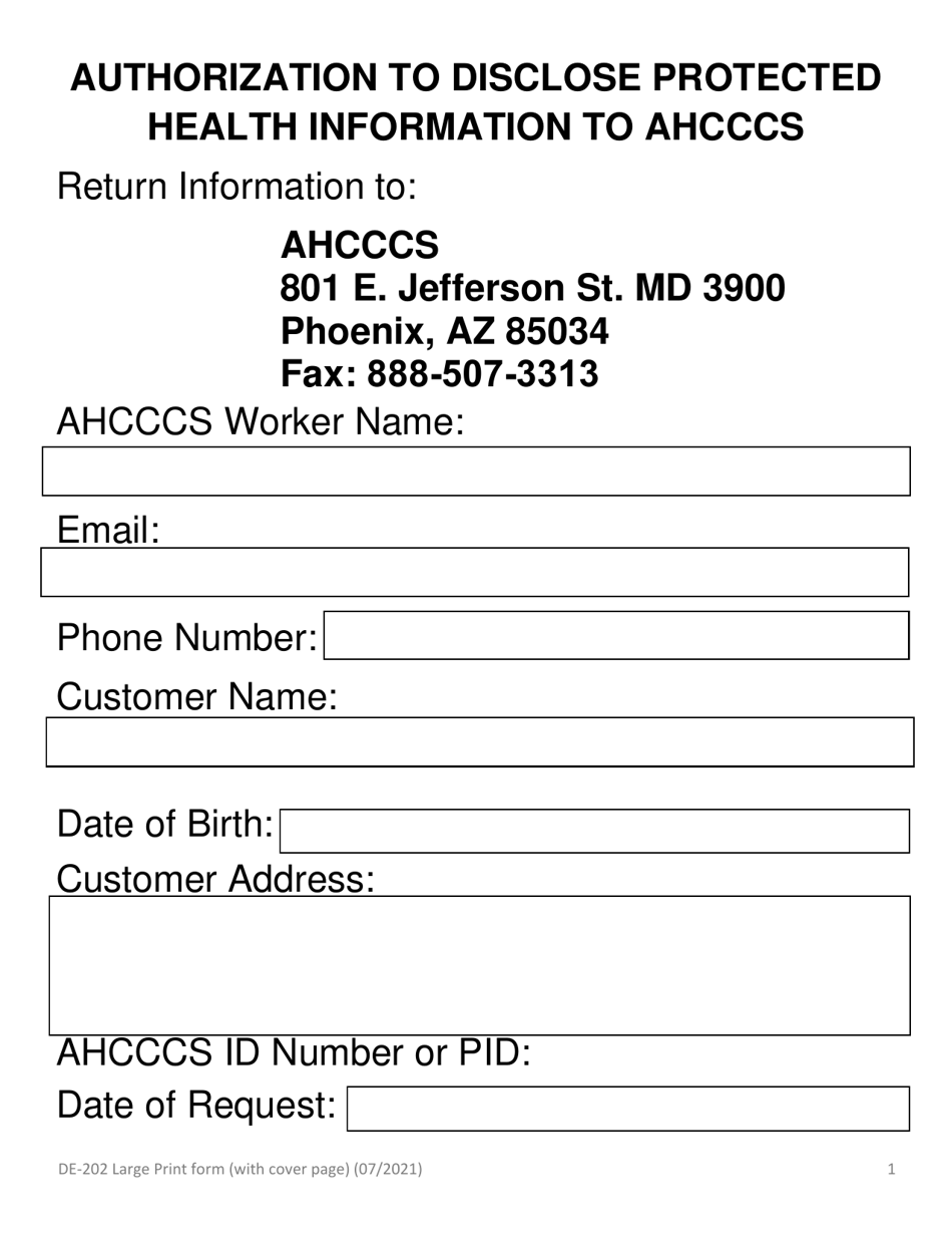 Form DE-202 Authorization to Disclose Protected Health Information to Ahcccs - Large Print - Arizona, Page 3