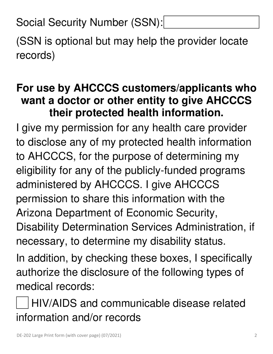 Form DE-202 Authorization to Disclose Protected Health Information to Ahcccs - Large Print - Arizona, Page 4