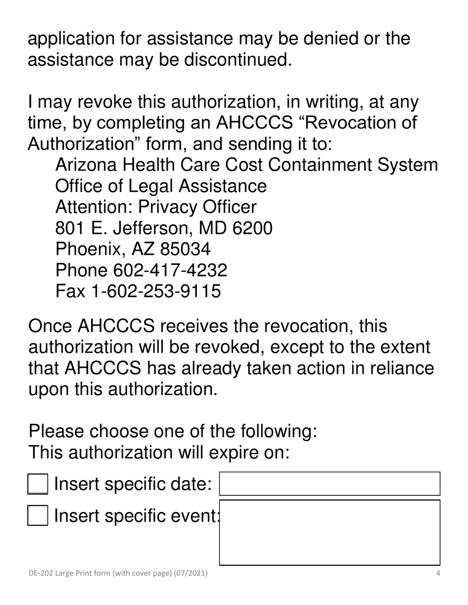 Form DE-202 Authorization to Disclose Protected Health Information to Ahcccs - Large Print - Arizona, Page 6