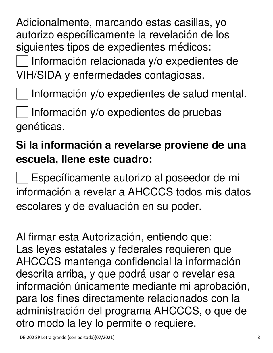 Formulario DE-202 SP Autorizacion Para Revelar a Ahcccs Informacion Protegida Acera De Su Salad - Letra Grande - Arizona (Spanish), Page 5