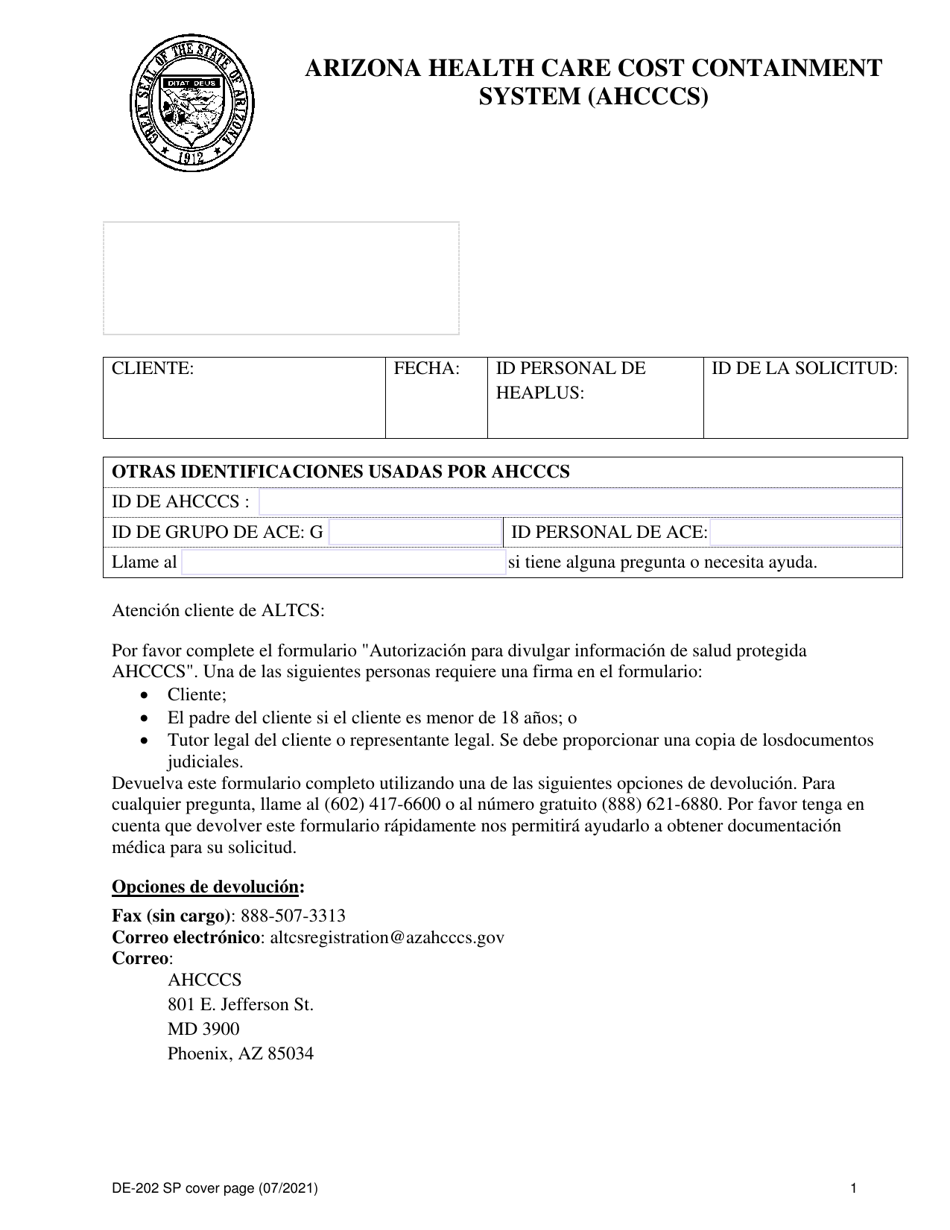 Formulario DE-202 SP Autorizacion Para Revelar a Ahcccs Informacion Protegida Acerca De Su Salud - Arizona (Spanish), Page 1
