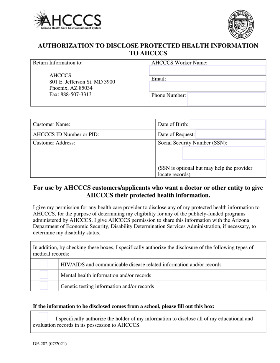 Form DE-202 Authorization to Disclose Protected Health Information to Ahcccs - Arizona, Page 2
