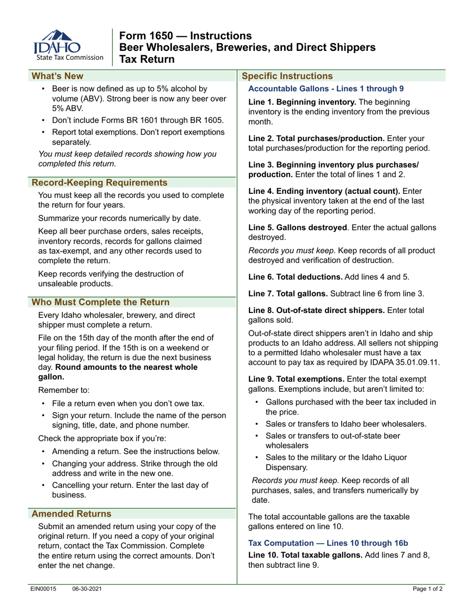 Instructions for Form 1650 Beer Wholesalers, Breweries, and Direct Shippers Tax Return - Idaho, Page 1