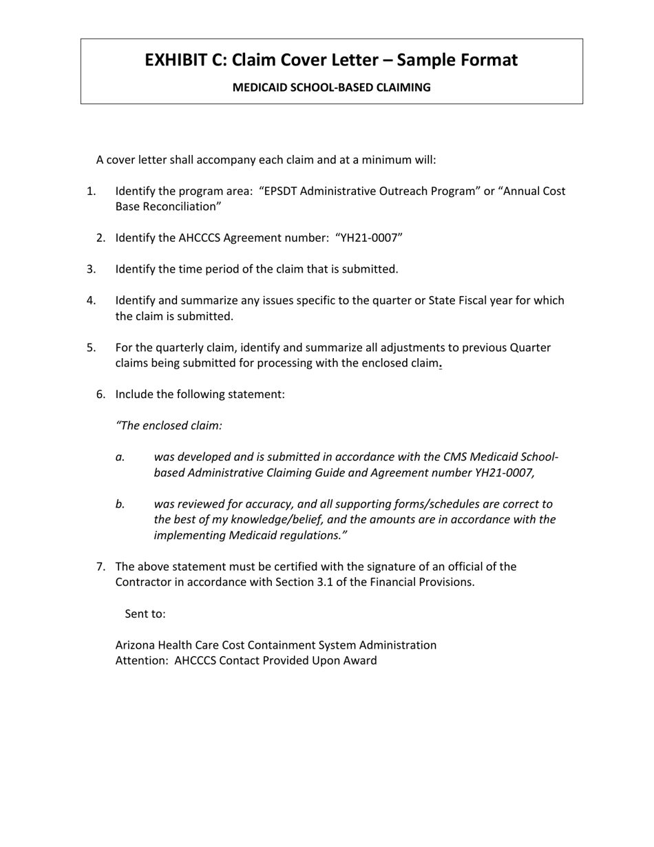 Exhibit C Claim Cover Letter - Sample Format - Arizona, Page 1