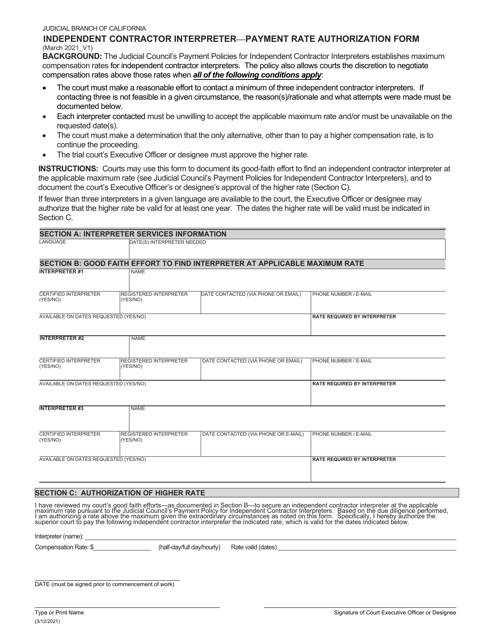 Independent Contractor Interpreter - Payment Rate Authorization Form - California Download Pdf