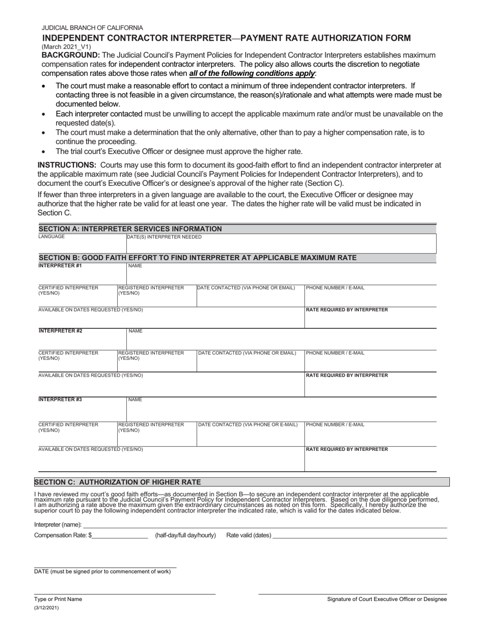 Independent Contractor Interpreter - Payment Rate Authorization Form - California, Page 1