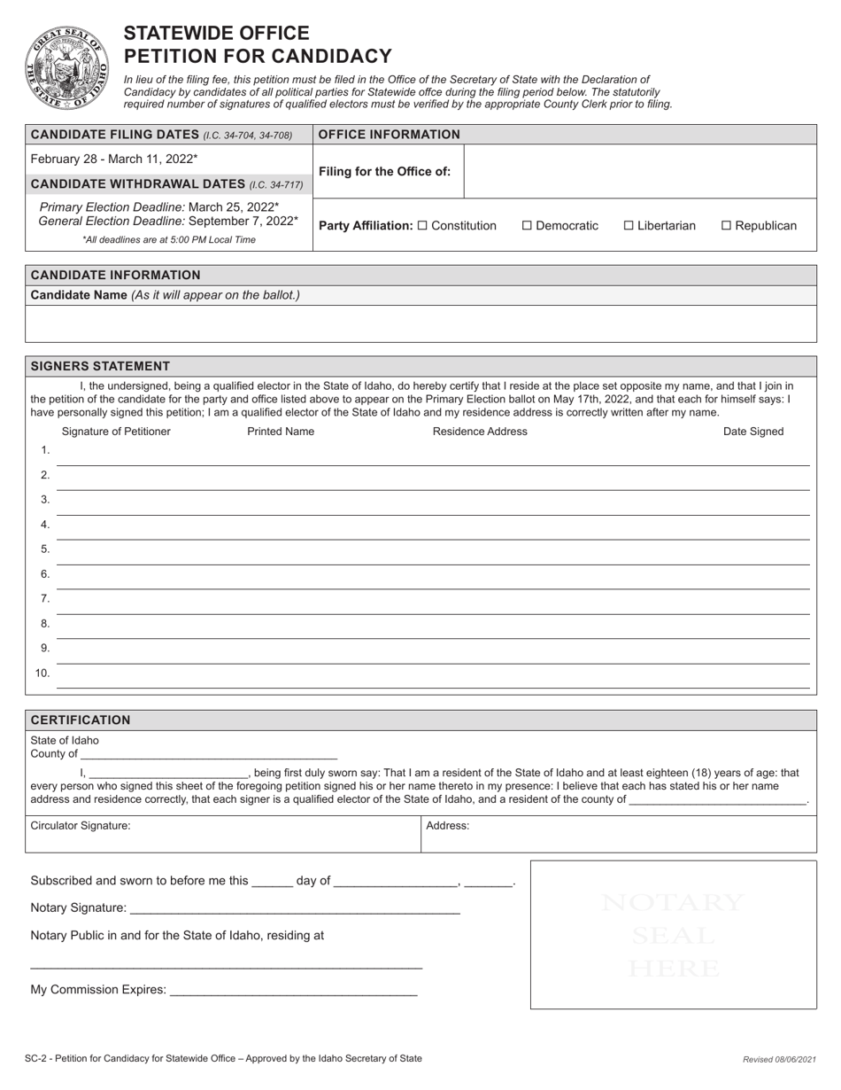 Form SC-2 Statewide Office Petition for Candidacy - Idaho, Page 2