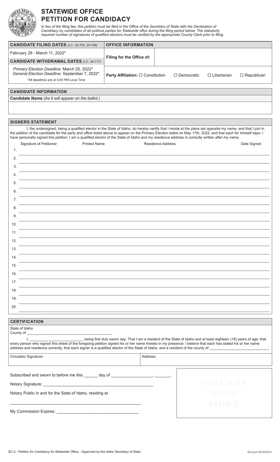 Form SC-2 Statewide Office Petition for Candidacy - Idaho, Page 3